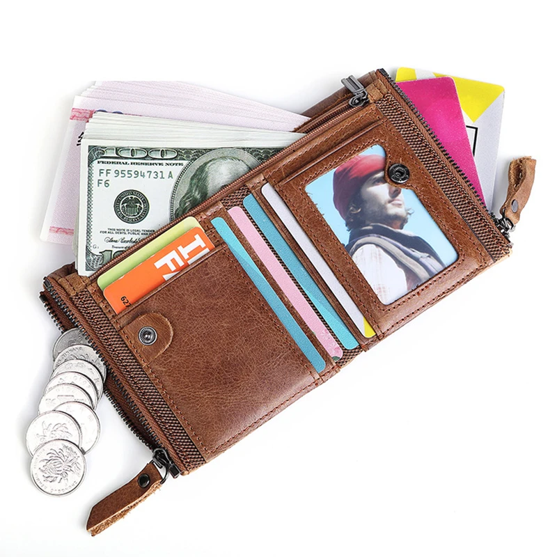 

New 100% Genuine Leather Casual Men's Wallet Short Casual Multi-function Card Bag Zipper Buckle Triangle Folding For Rfid