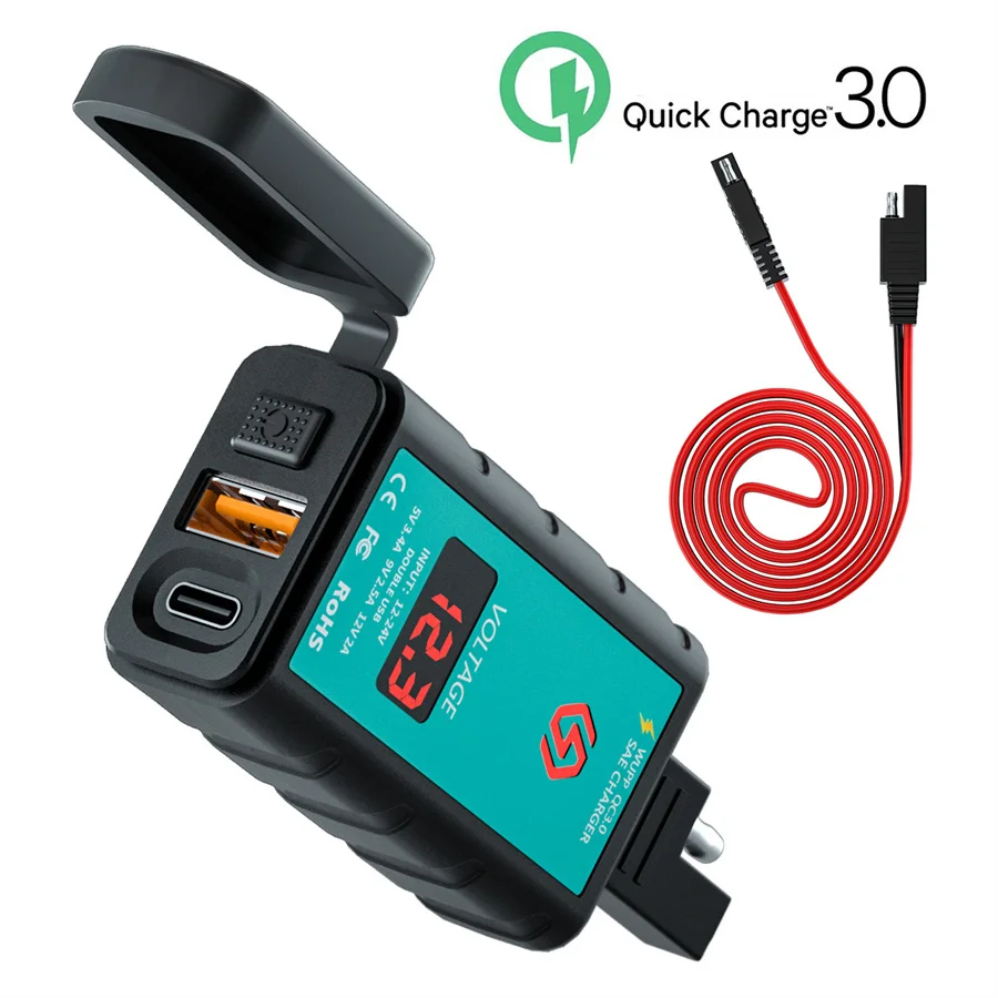

Motorcycle Phone QC3.0 USB + Type-C Fast Charging 12-24v SAE socket cable w/360 Rotation Motorcycle Bicycle Handlebar holder