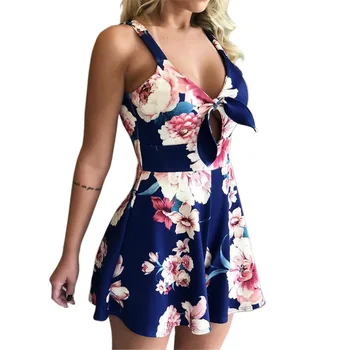 

Sexy Wide Leg Jumpsuits Women Beach Hollow Rompers Summer Lace Up Floral Print Playsuits Rk