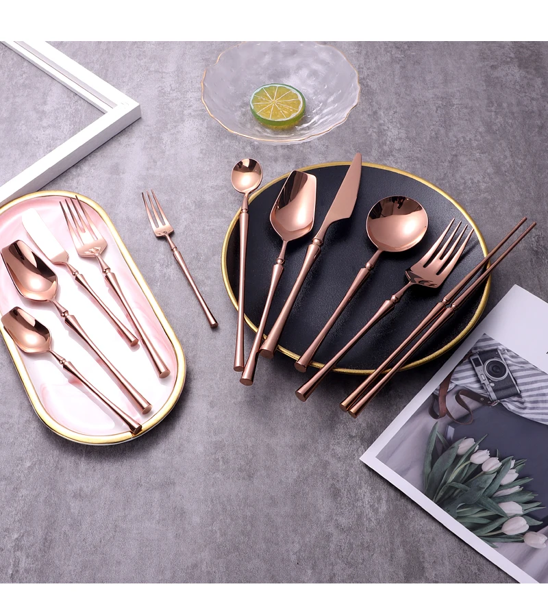 Description Picture 4 of itemBright Rose Gold 18/10 Stainless Steel Cutlery Dinnerware Tableware Knife Spoon Fork Chopsticks Flatware Set Dishwasher Safe