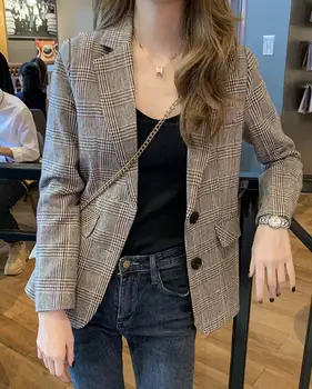 

Female 2020 Spring and Autumn New Little Temperament Checked Suit Small Suit Jacket Womens Tops and Blouses