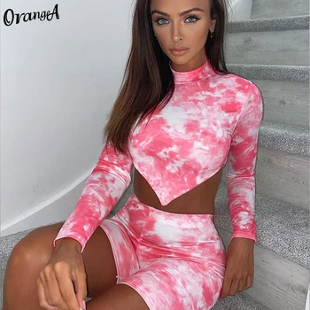 

OrangeA tracksuit women blackless asymmetry long sleeve crop top biker shorts set tie dye print sporty casual streetwear outfits
