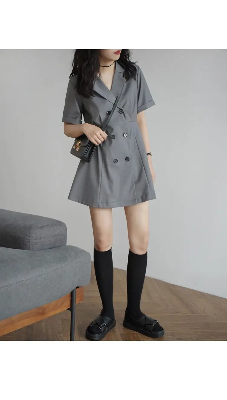 Women Short Sleeve Dress High Quality Button Up Notched A-line Mini Pleated Dresses Sexy All-match Retro Elegant Female Ulzzang semi formal dresses