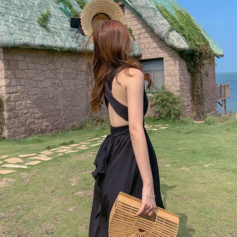 2021 summer women's dress black sexy thin backless dress seaside vacation beach skirt long skirt fairy