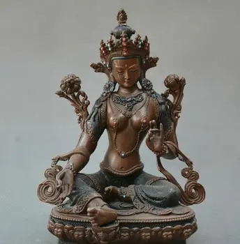 

8"Chinese old bronze carve Buddhism lotus flower Kwan-yin Guanyin Buddha statue