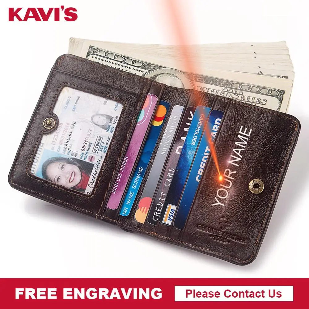 KAVIS 100% Бесплатная гравировка кошелек из натуральной кожи мужской Cuzdan портфель