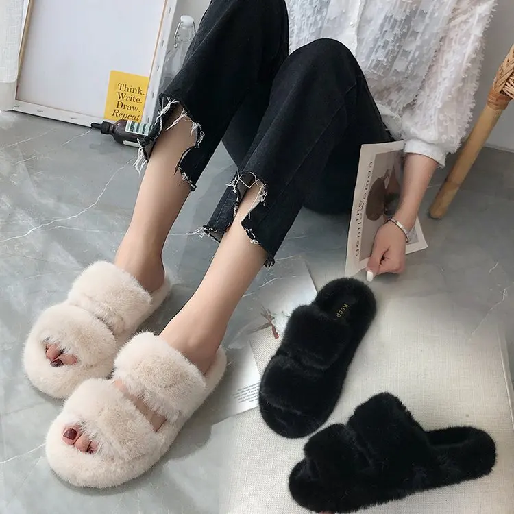 

A- line Plush Slipper Women's 2019 Autumn New Style Korean-style Students Thick Bottomed Outer Wear Lazy Slip-on Cotton Slippers