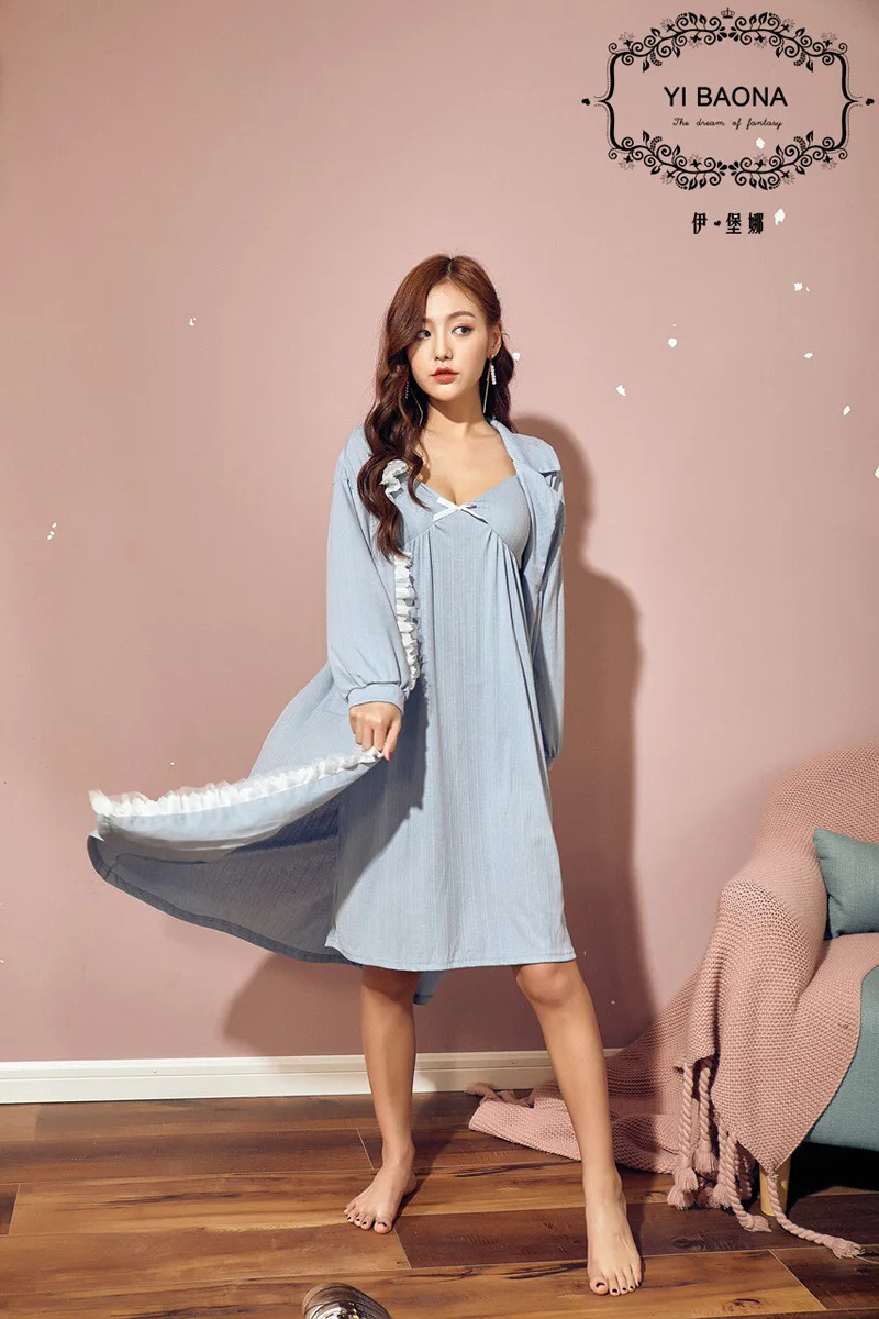 HaloSweet Winter Cotton Nightgown Suit Women Sleepwear Long Sleeves Dressing Gown With Robe Two Piece Lounge Set Night Set Lady