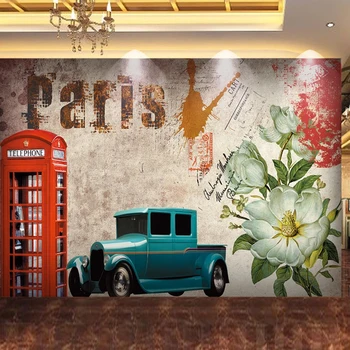 

PVC Self-Adhesive Waterproof Wallpaper Retro Car Red Telephone Booth Flowers Oil Paintings Wall Sticker Restaurant Cafe Frescoes