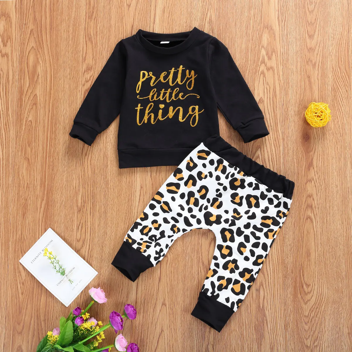 

Baby Long Sleeves + Trousers Leopard Letter Printing Elastic Waist Ribbed Closing Spring Clothing