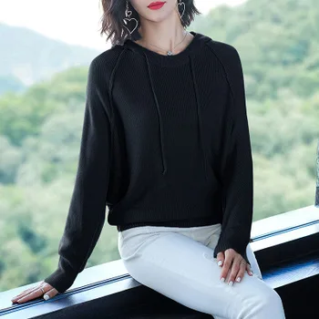 

Women's pullover spring and autumn long-sleeved sweater solid color round neck pullover