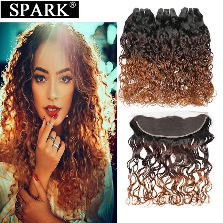 Spark Brazilian  Ombre Human Hair Water Wave Bundles With Frontal 13x4 Ear to Ear Lace Frontal With Bundles Remy Hair Weaving