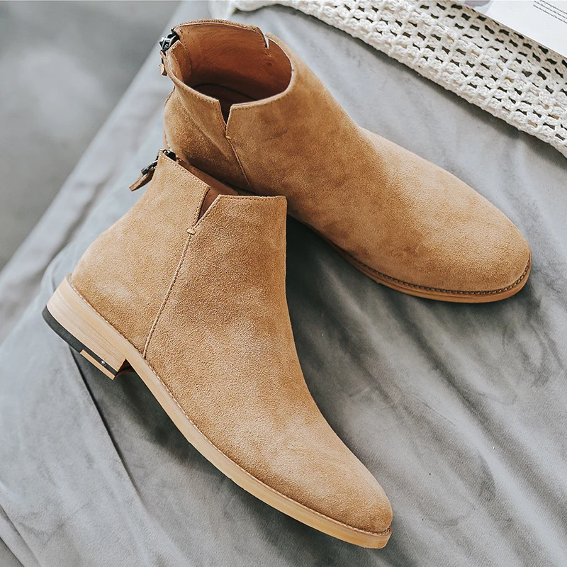 Men Chelsea Boots Men Shoes England Trend Casual Ankle Boots Zip Genuine Leather Male Wedding Dress Chelsea Boots