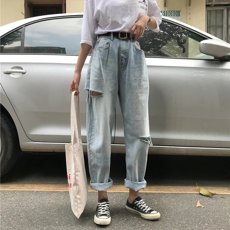 

Loose Vintage Woman Jeans 2019 Autumn Bleached Casual Boyfriend Hole Denim Wide Leg Pants Oversize High Waist Woman Jean