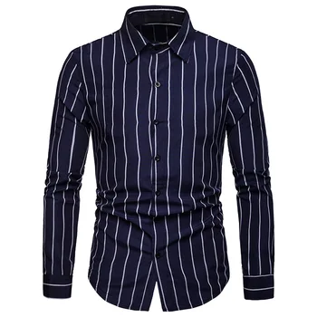 

2019 Autumn New Casual Turn-down Collar Striped Shirt Mens Long Sleeve Shirt Men