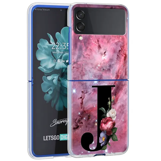 Letter A B Flowers Pink Case For Samsung Galaxy Z Flip 3 5G Transparent Hard Cell Phone Cover ZFlip3 Clear PC Luxury Fundas H10