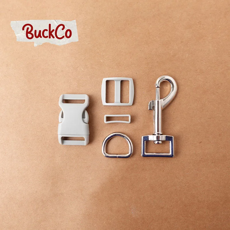 (plastic buckle+Tri-Glid+square keeper+D ring+metal dog clasp/set)4.5 sets of grey 20mm DIY leash parts |