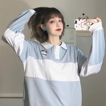 Свободная Женская рубашка поло, Осень-зима, новинка, повседневная, вышивка, хит-энд-воротник, топы, офисная, для девушек, серая, зеленая, в полоску, длинный рукав, рубашка