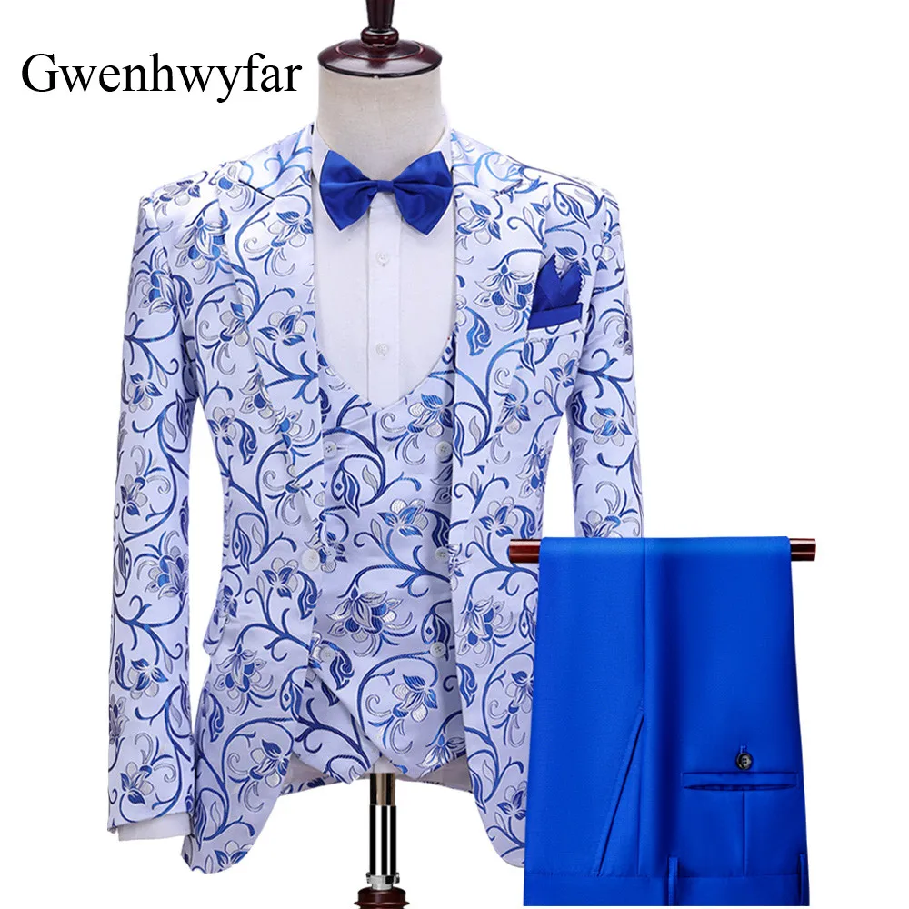 Gwenhwyfar Luxury Orchid Pattern Men's Wedding Suits 2021New Gentlemen Tuxedo Peaked Lapel Jacket Double Breasted Vest Slim Pant | Мужская