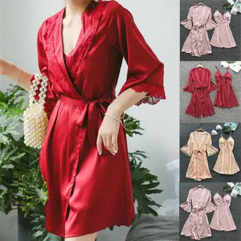 

2Pcs Women Sexy Silk Satin Sleepwear Lingerie Nightie Nightdress Robe Pajamas Two-piece summer nightgown suspenders nightgown