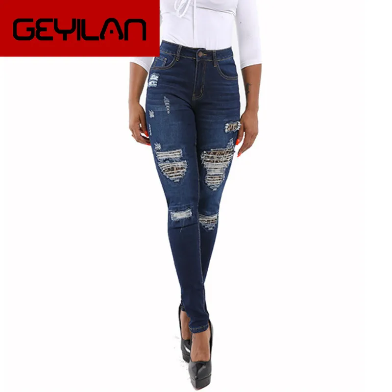 

Women Middle Waist Jeans Pants Elastic Holes Denim Jeans 4 Season Leopard Patch Ripped Woman Casual Jeans Trousers 2019
