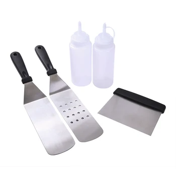 

5 Pcs Barbecue Accessories Kits Professional Griddle Tool 2 Spatulas + 1 Chopper Scraper + 2 Bottles BBQ Tools