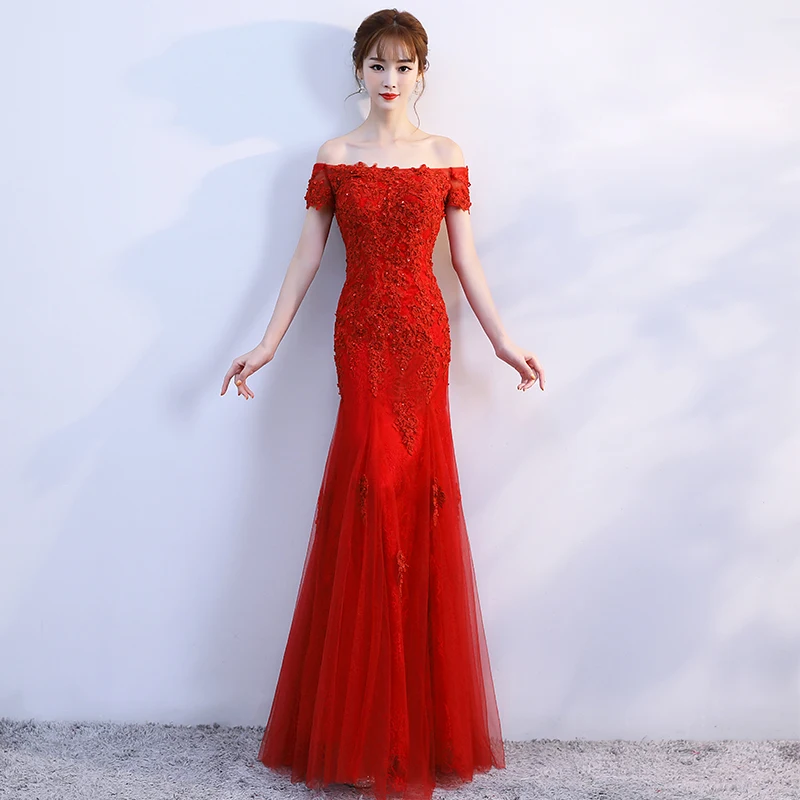 Robe de soiree New Arrival Red Boat Neck Bouquet Evening dress Mermaid Lace Up vestido de festa Party Prom dresses Custom made long evening dress Evening Dresses