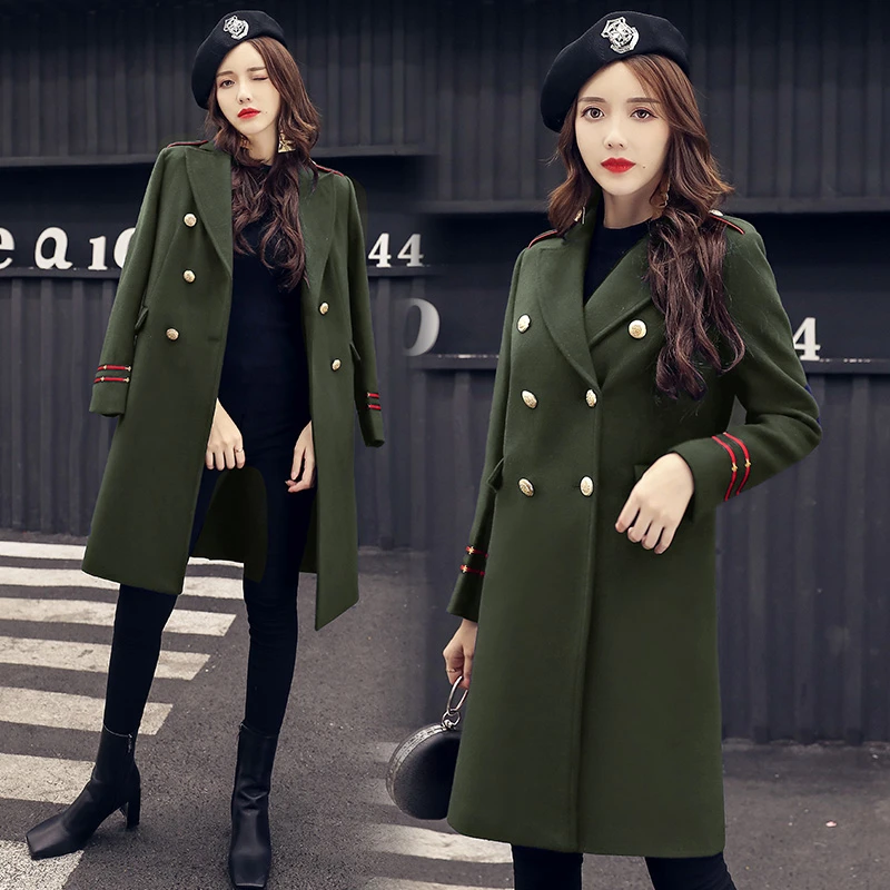 Abrigo largo de lana de estilo militar para mujer, grueso de moda con doble botonadura para invierno, color verde, y -