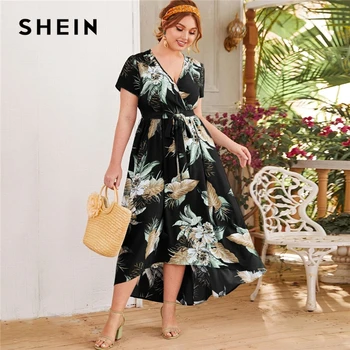 Женское платье с завышенной талией SHEIN, длинное платье-трапеция с тропическим принтом и поясом на подоле, летнее платье размера плюс в стиле ...