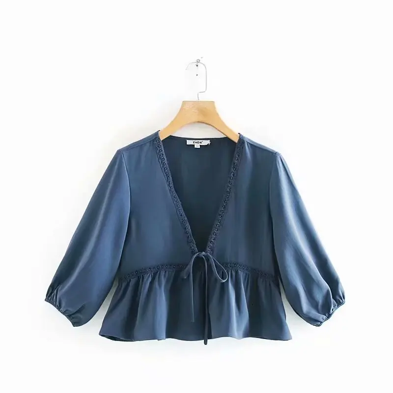blue Кружевные топы с v-образным вырезом, сексуальные женские короткие топы с рукавом-фонариком, рубашки с баской, blusas mujer - Цвет: blue