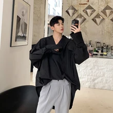 Осенние новые рубашки в уличном стиле темно-мужские негабаритные свободные с капюшоном с длинными рукавами Молодежные мужские хип-хоп Camisa Masculina мужские рубашки