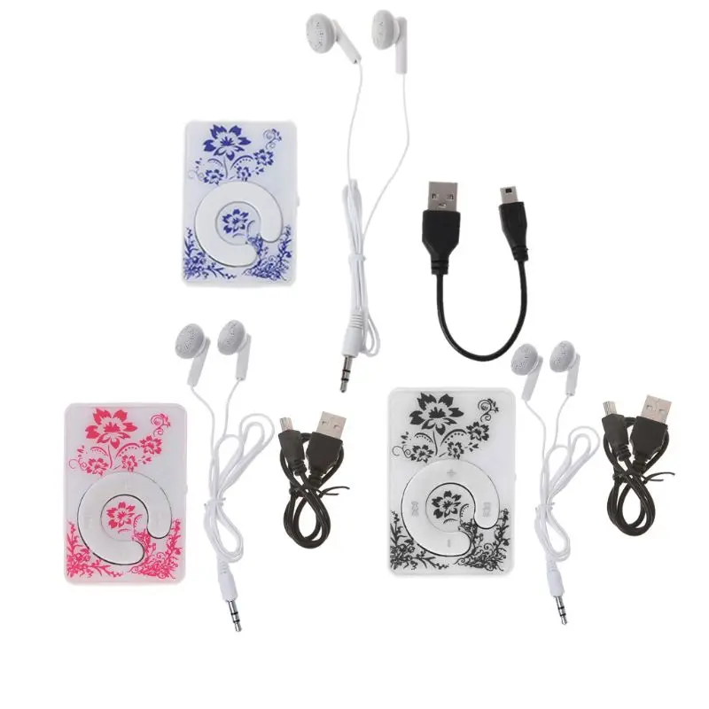 

Mini Clip Floral Pattern Music MP3 Player 32GB TF Card With Mini USB Cable + Earphone 634A