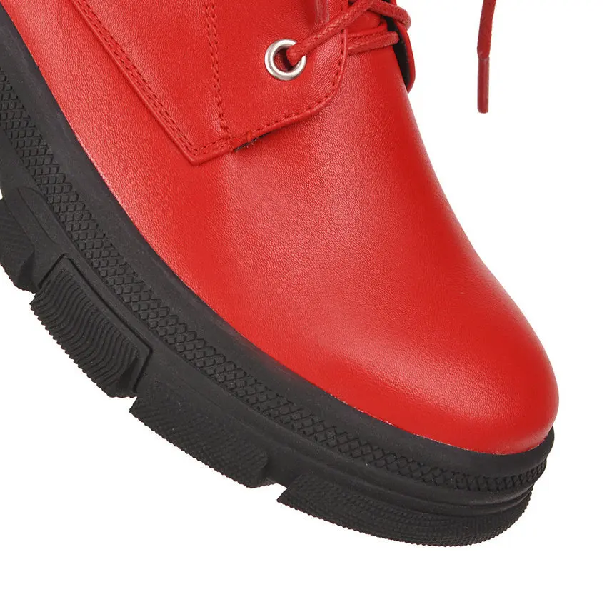 Cena QUTAA 2020 kobiety połowy łydki buty okrągłe Toe moda klamra koronki zamek błyskawiczny damskie buty PU skórzane krótkie kozaczki na platformie rozmiar 34  43