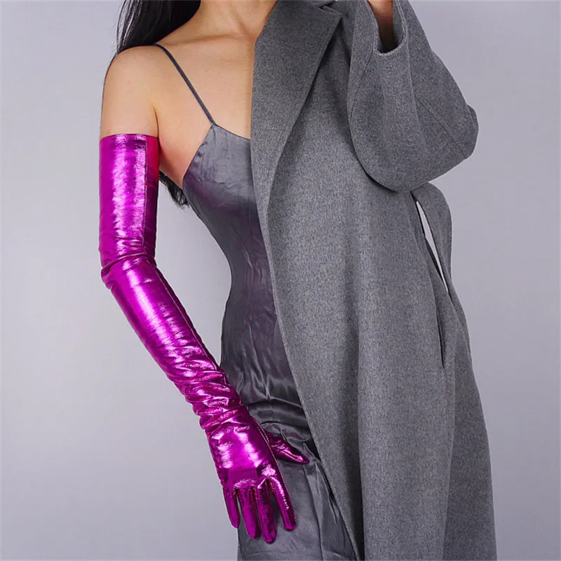 fuchsia 70CM Длинные перчатки из лакированной кожи, 40 см, длинные, секционные, имитация локтя, кожа, высокая эластичность, искусственная кожа, яркая, фиолетовая, красная, QPZH40 - Цвет: fuchsia 70CM