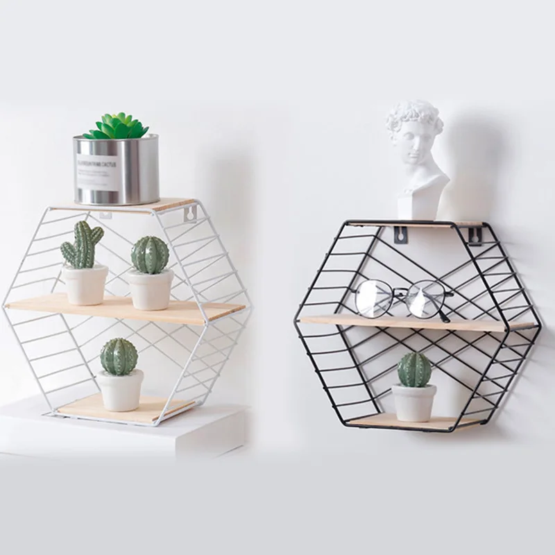 

Wooden Iron Wall Shelf Wall Mounted Storage Rack Organization Hexagonal Grid For Kitchen Bedroom Home Wall Decor Flower Stand