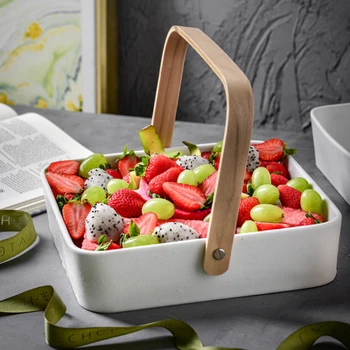 

Bamboo Handle Storage Tray Ceramic Multi-grid Candy Snack Tray Portable Removable Partition Storage Tool Kitchen Decorative Tray