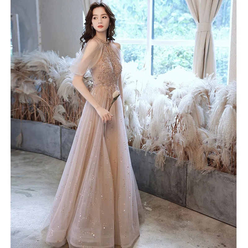 Beauty 2021 Champagne Evening Dresses Elegant O-neck Chiffon Sleeveless Formal  Evening Gown Party Dress Robe De Soiree - Evening Dresses - AliExpress
