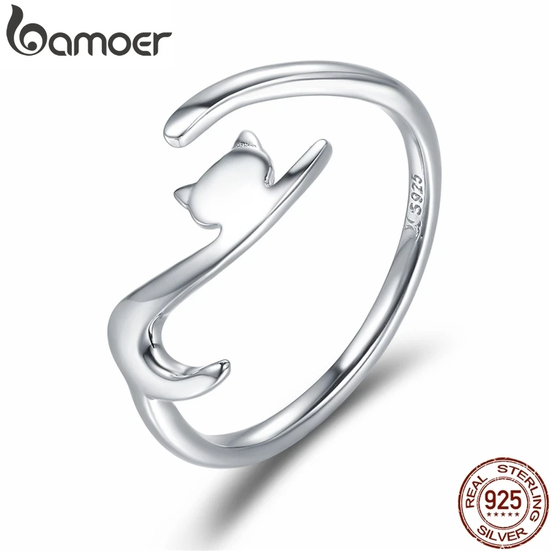 BAMOER 100% 925 Sterling Silver Sticky Cat with Long Tail Finger Ring Women Ring Adjustable Engagement Ring Jewelry SCR220 sterling silver