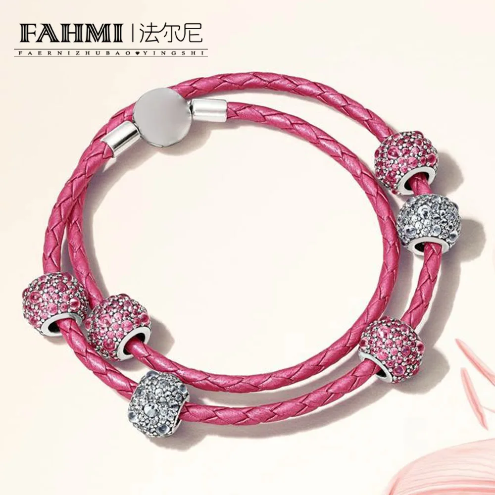 

FAHMI 100% 925 Sterling Silver 1:1 PINK SHIMMERING DROPLETS CHARM Beads MOMENTS DOUBLE WOVEN LEATHER BRACELET Gift Set