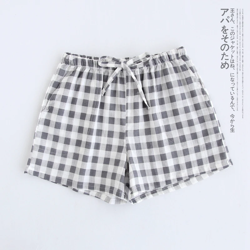 Couple pajamas summer cotton gauze shorts Japanese style simple elastic waist casual large size lattice men and women home pants