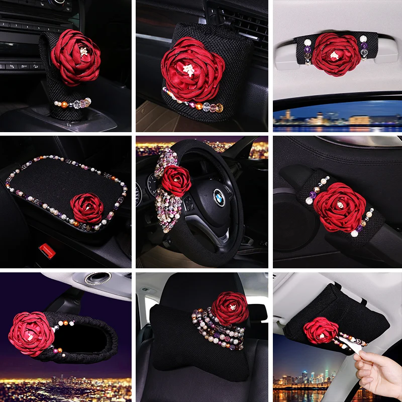 Mesh Rose Red Flower Car Interior Decoration Accessories Set Headrest