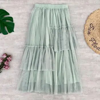 

2020 Autumn New Korean Women High Waist Simple Pure Color Mesh Skirt Elastic Band Irregular A-line Cake Skirt Tide Free Shipping