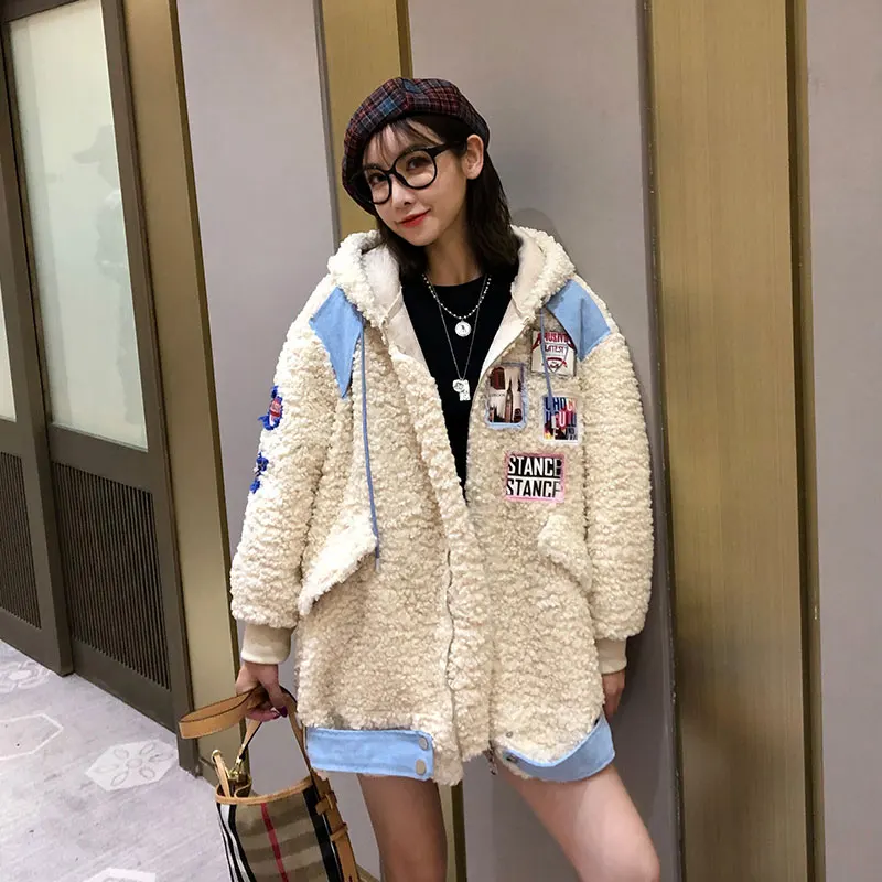 

Winter Personality Patch Cashmere Women Jacket Hooded Zipper Female Loose Long Winter Casual Loose Jackets and Coats