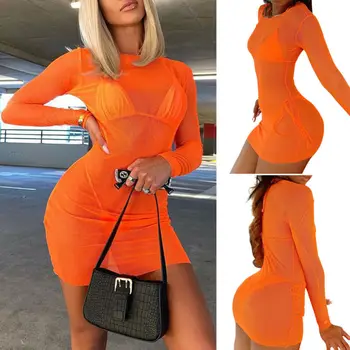 

Women Sexy See-through Sheer Mesh Long Sleeve O Neck Solid Color Slim Mini Dress Ladies Clothes Bodycon