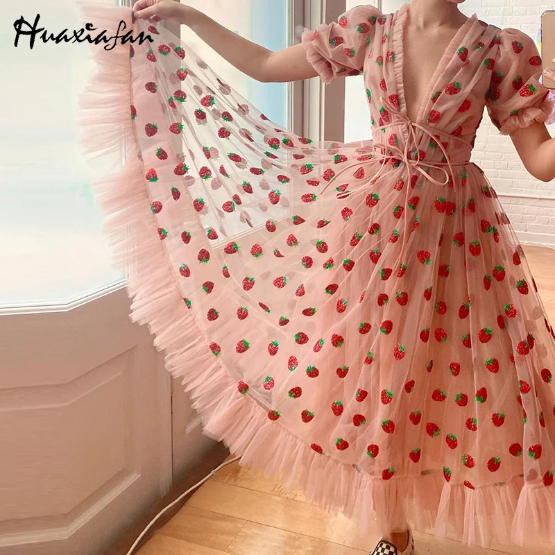 

Huaxiafan Woman Dress Strawberry Dress Women Hot Stamping Vestido Feminino V Neck Mesh Squins Lace Up Party Dresses Maxi Dress