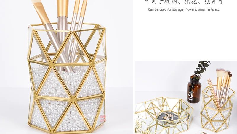 Glass Storage Container Northern European-Style INS Gold Makeup Brush Storage Bucket Brass Simple Flower Vase