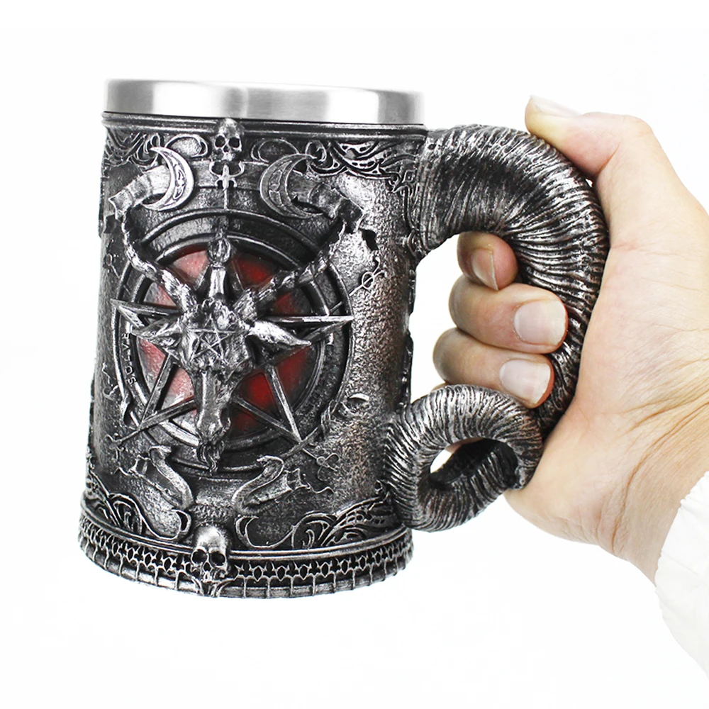 New Design Baphomet Pentagram Horn Goblet Wine Glass 200ml 600ml Gothic Tankard Stainless Steel Beer Cup Halloween Gift glass cup