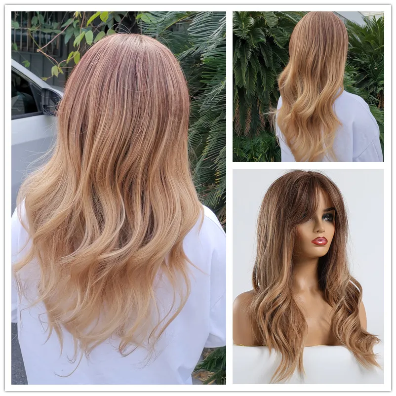 

TINY LANA Women's Black Brown Blonde Ombre Wig Long Wavy Heat Resistant Synthetic Hair Middle Part High Temperature Natural Hair