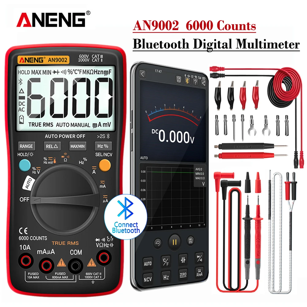 Multimètre numérique ANENG AN9002 Bluetooth 6000 comptes multimétrotrue RMS testeur de tension de courant alternatif/cc gamme automatique