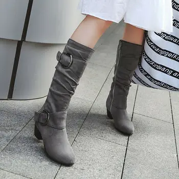 

Autumn Ladies Slouch Mid Calf Boots Block Heel Buckle Zipper Caual Shoes Plus Size